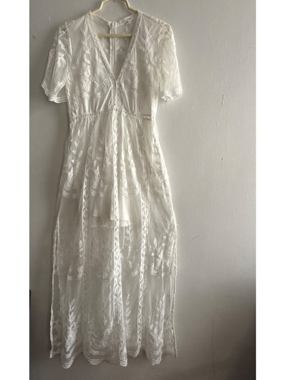 White Lace Sheer Maxi Slit Dress Attached Shorts Coquette Girl Boho Size Small